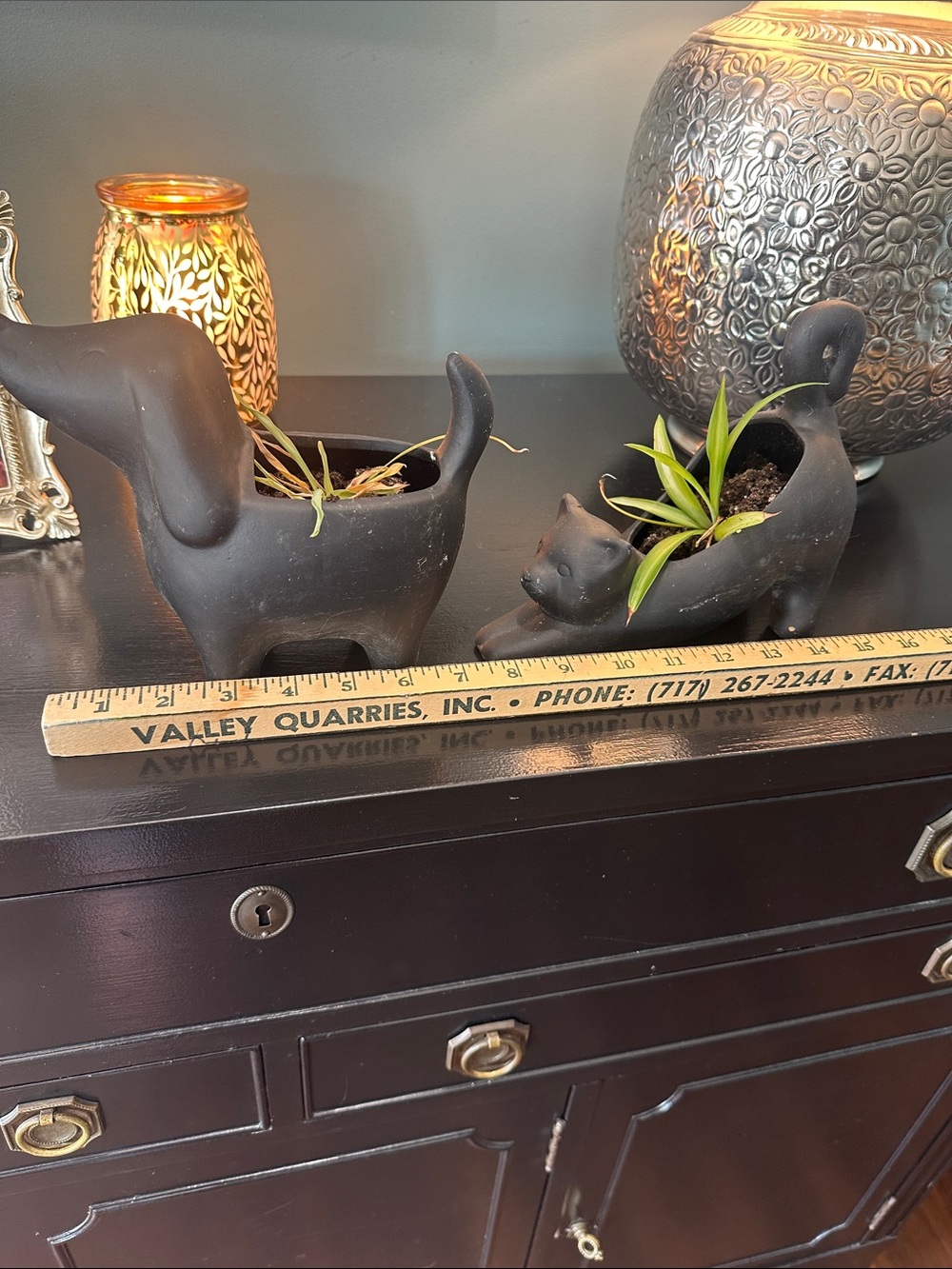 SET of TWO
Target Black Cat  Stretching Planter Figurine and dog Figurine Set